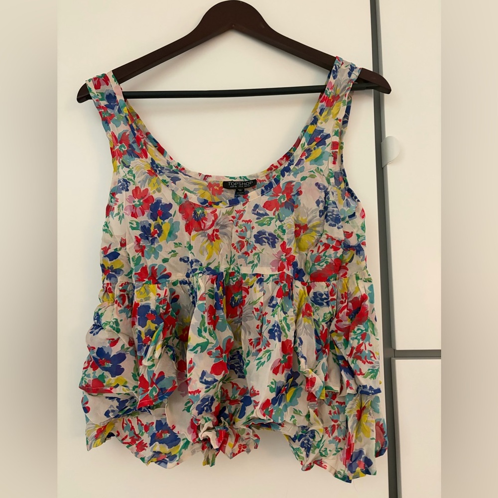 Topshop Floral Ruffle Sleeveless Tank in Cream Base